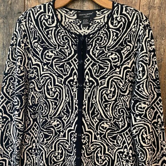 Colette Mordo Sadimara Sz M Black White Jacquard Knit Midi Button Sweater Jacket - Picture 6 of 12